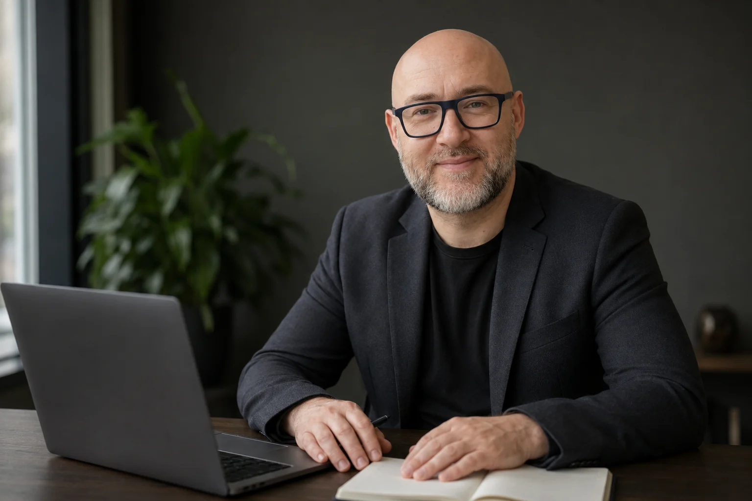 Krzysiek Jankowski przy biurku z laptopem i notesem — ujęcie wygenerowane z pomocą AI